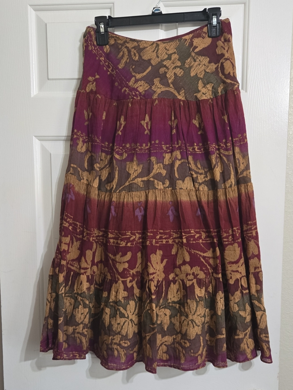 Chaps Burgundy and Gold Floral Tiered Maxi Skirt